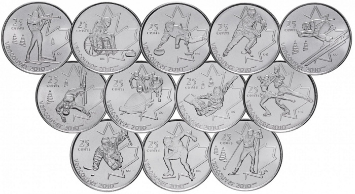 (2007-09, 12 мон по 25 ц) Набор монет Канада 2007-2009 год &quot;XXI Зимняя Олимпиада Ванкувер 2010&quot;   UN