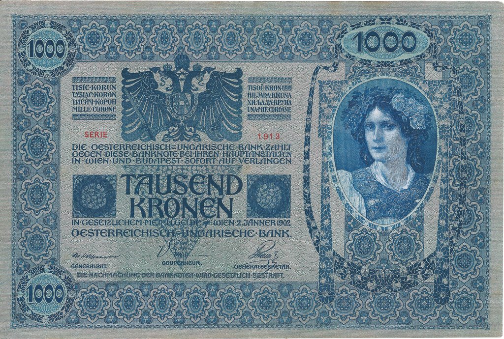 1919 Банкнота Австро-Венгрия 1919 год 1 000 крон Вертик надпечатка на боне 1902 года   UNC
