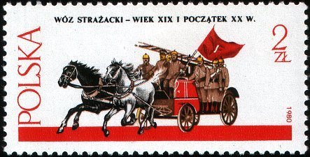 (1980-059) Марка Польша "Конная пожарная машина"    Гужевые повозки III &Theta;
