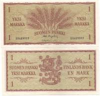 Банкнота Финляндия 1963 год 1 марка Колосья Karjalainen - Tornroth  XF