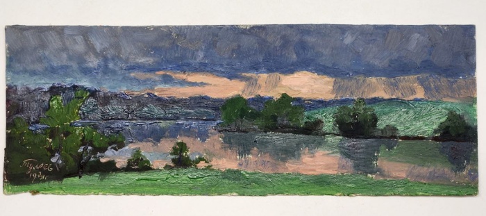 Картина Тулаев В. Н. 1981 г. Грозовое небо над рекой Пейзаж масло картон 30х11 см