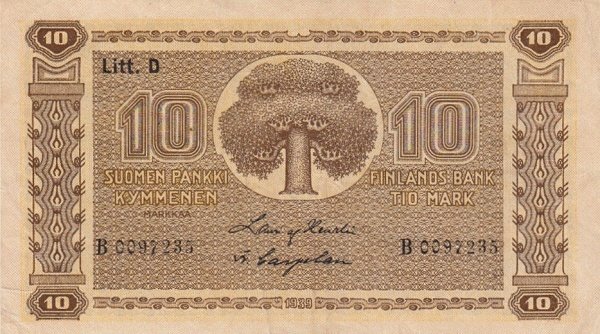 (1939 Litt D) Банкнота Финляндия 1939 год 10 марок  Heurlin - Carpelin  UNC