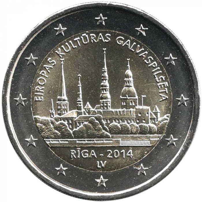 (001) Монета Латвия 2014 год 2 евро &quot;Рига - культурная столица Европы&quot;  Биметалл  UNC