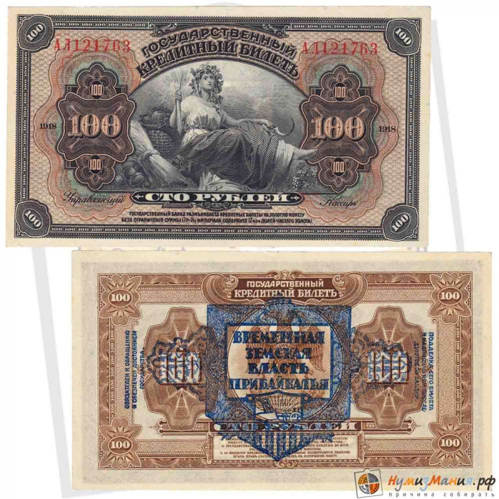 (1920 год, без подписей) Банкнота Временная Земская власть Прибайкалья 1918 год 100 рублей    XF