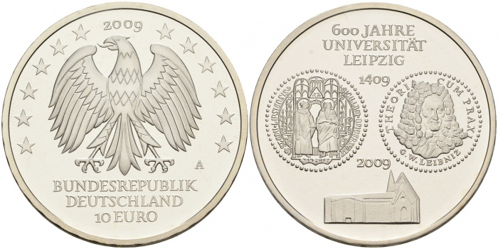 (2009A) Монета Германия (ФРГ) 2009 год 10 евро &quot;Университет Лейпцига&quot;  Серебро Ag 925  UNC