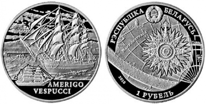 (110) Монета Беларусь 2010 год 1 рубль &quot;Учебный парусник Америго Веспуччи&quot;  Медь-Никель  PROOF