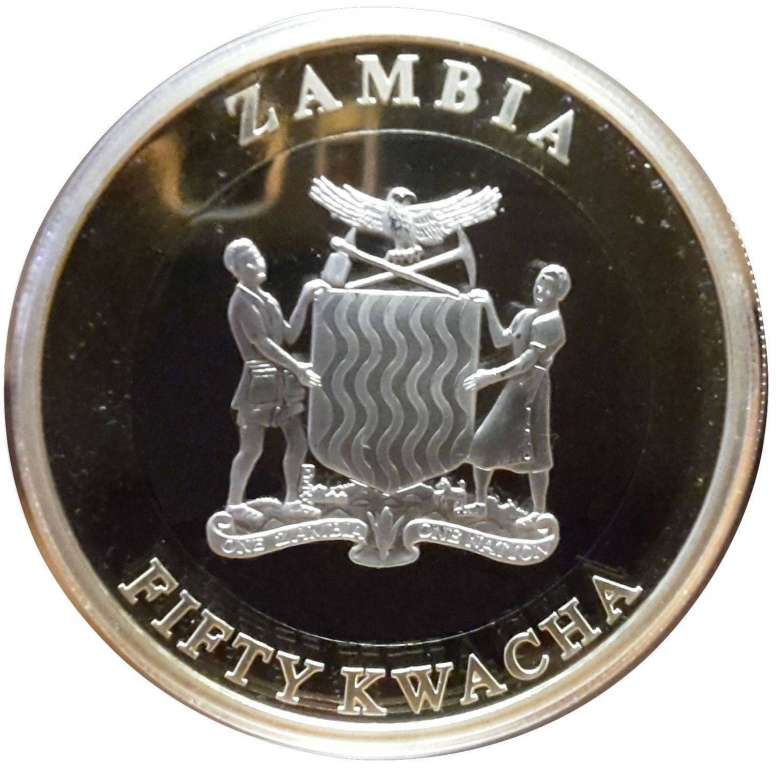 (2014) Монета Замбия 2014 год 50 квача &quot;Национальный банк 50 лет&quot;  Биметалл  PROOF в коробке