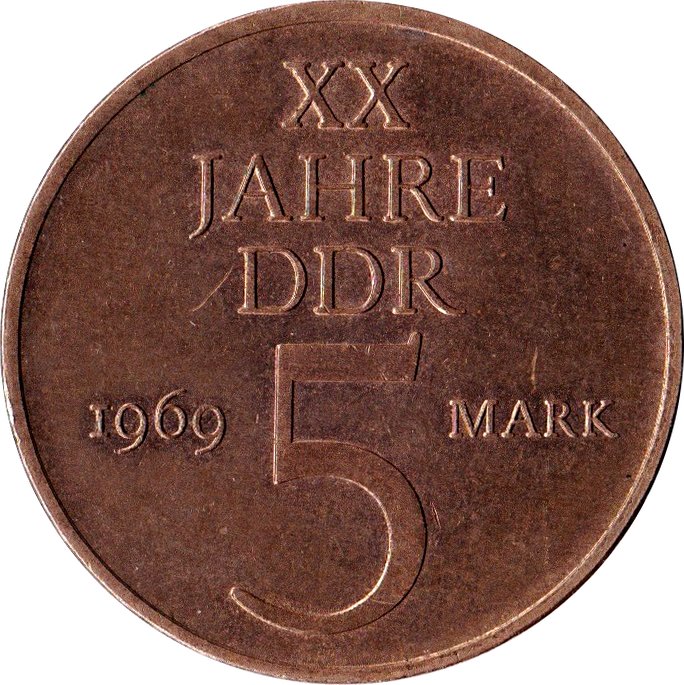 () Монета ГДР (Германия) 1969 год 5 марок &quot;&quot;  Бронза, покрытая Некелем  UNC