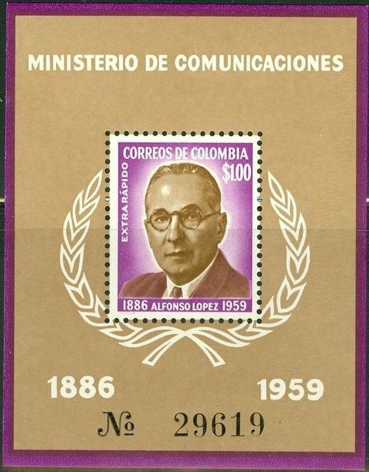 (№1961-22) Блок марок Колумбия 1961 год &quot;Альфонсо Лопес Пумарейо 18861959&quot;, Гашеный