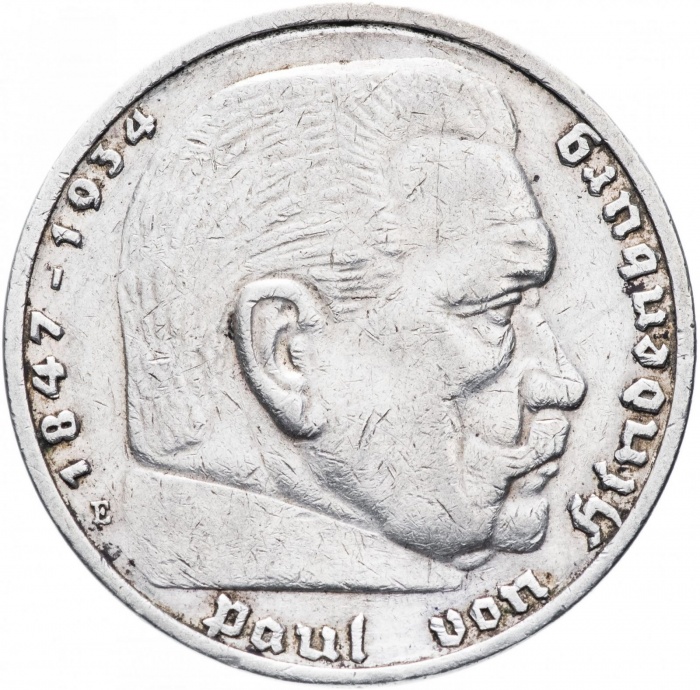 1936e Монета Германия 1936 год 5 марок Пауль Гинденбург Без свастики Серебро Ag 900  VF