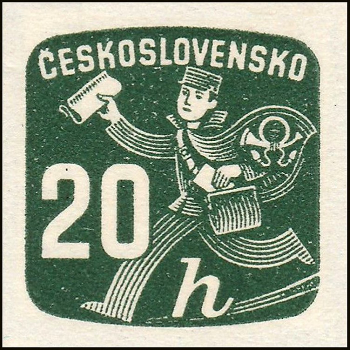 (1945-071) Марка Чехословакия &quot;Почтальон (Темно-зеленая)&quot; ,  III O