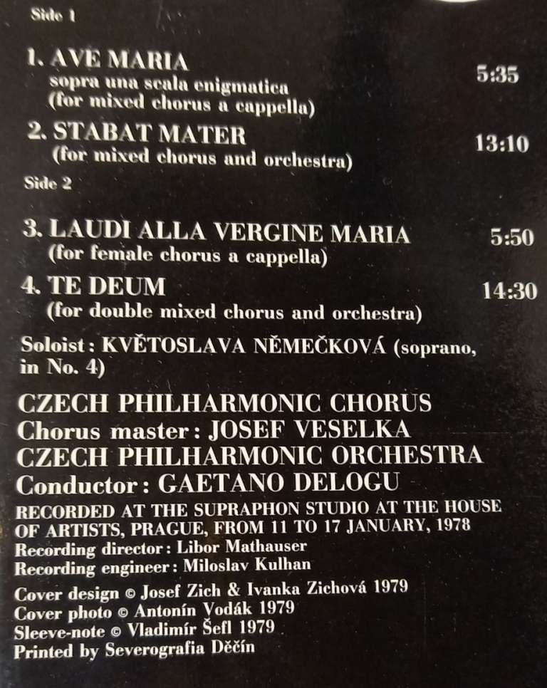 Пластинка виниловая &quot;G. Verdi. Quattro pezzi sacri&quot; Supraphon 300 мм. (Сост. на фото)