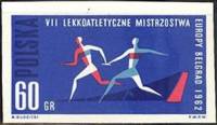 (1962-051a) Марка Польша "Эстафетный бег" Без перфорации   Чемпионат Европы по легкой атлетитике III