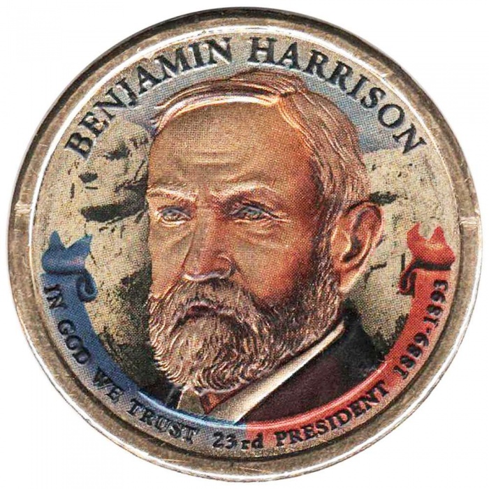 23d Монета США 2012 год 1 доллар Бенджамин Гаррисон  Вариант №2 Латунь  COLOR. Цветная