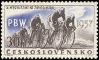(1957-016) Марка Чехословакия "Велосипедные гонки (Серо-фиолетовая)"    10-я Международная велогонка
