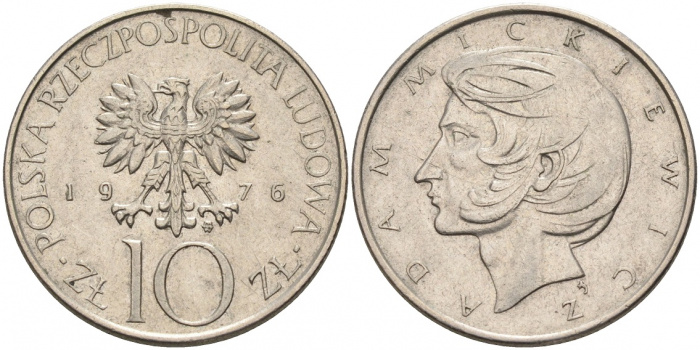 (1976) Монета Польша 1976 год 10 злотых &quot;Адам Мицкевич&quot;  Медь-Никель  XF