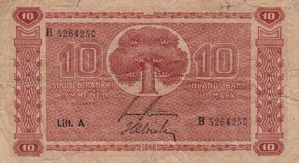 (1945 Litt A) Банкнота Финляндия 1945 год 10 марок    UNC