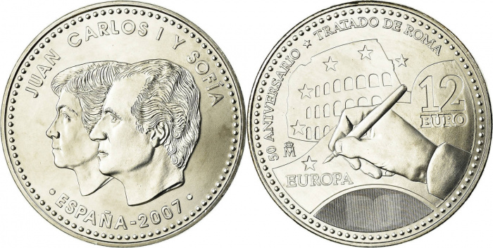 (2007) Монета Испания 2007 год 12 евро &quot;Римский договор 50 лет&quot;  Серебро Ag 925  UNC