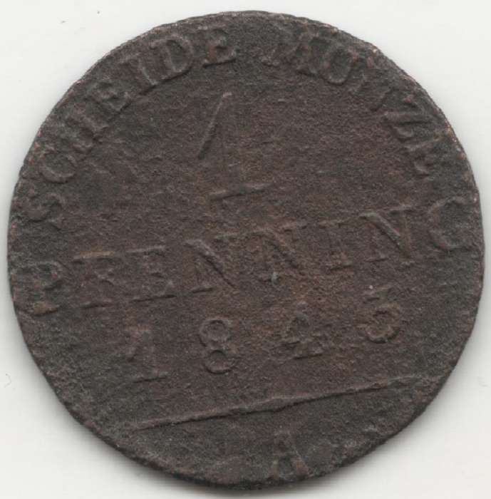 1843A Монета Германия (Пруссия) 1843 год 1 пфеннинг / 1/360 талера  Медь  F