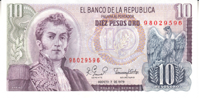 (,) Банкнота Колумбия 1978 год 10 песо &quot;Антонио Нариньо&quot;   UNC