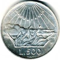 (1965) Монета Италия 1965 год 500 лир "Данте Алигьери 700 лет"  Серебро Ag 835  UNC