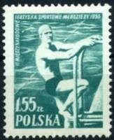 (1955-045) Марка Польша "Плавание" Перф. гребенчатая 12¾, 12¾:12½, 12½:12¾ III Θ