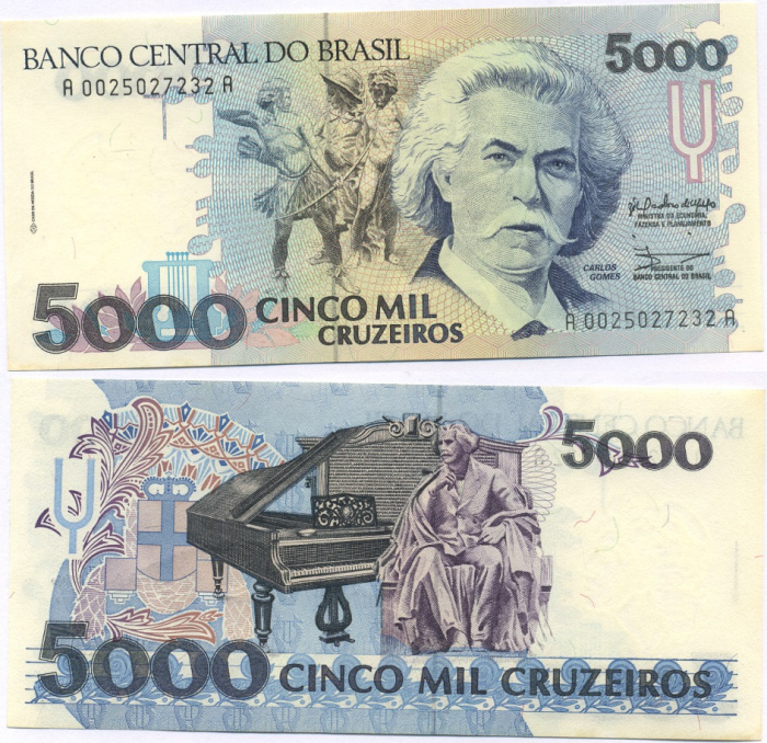 (1990-1993) Банкнота Бразилия 1990-1993 год 5 000 крузейро &quot;Карлус Гомес&quot;   UNC