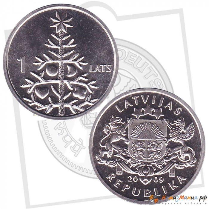 (15) Монета Латвия 2009 год 1 лат &quot;Новогодняя ёлка&quot;  Медь-Никель  UNC