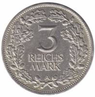 (1925a) Монета Германия (Веймар) 1925 год 3 марки   1000 лет Рейнланду Серебро Ag 500  XF