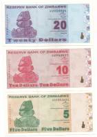 2009 3 штуки 5 10 20 долларов Набор банкнот Зимбабве 2009 год Балансирующие скалы    UNC