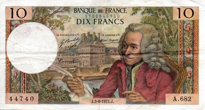 (№1971P-147d.1) Банкнота Франция 1971 год &quot;10 Francs&quot; (Подписи: G)