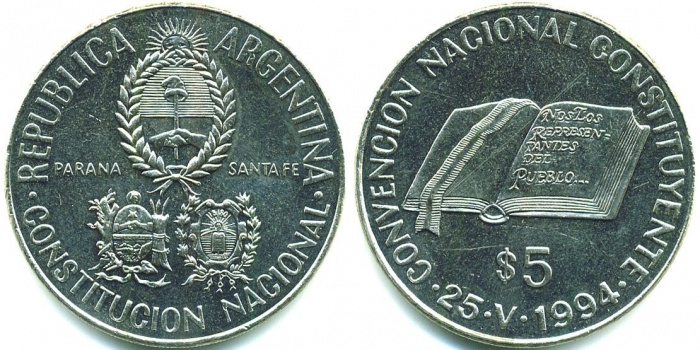 (1994) Монета Аргентина 1994 год 5 песо &quot;Конституция&quot;  Медь-Никель  UNC