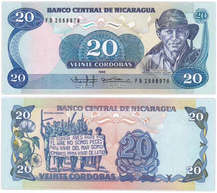(1985) Банкнота Никарагуа 1985 год 20 кордоба &quot;Херман Помарес Ордоньес&quot;   UNC