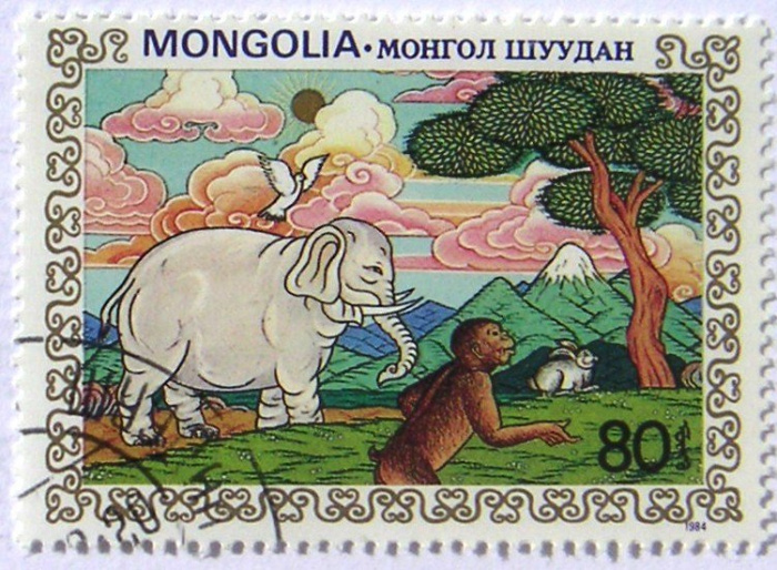 (1984-065) Марка Монголия &quot;Встреча&quot;    Сказка - Четверо дружных зверей III Θ