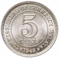 (1943) Монета Малайя 1943 год 5 центов "Георг VI"  Серебро Ag 750  UNC