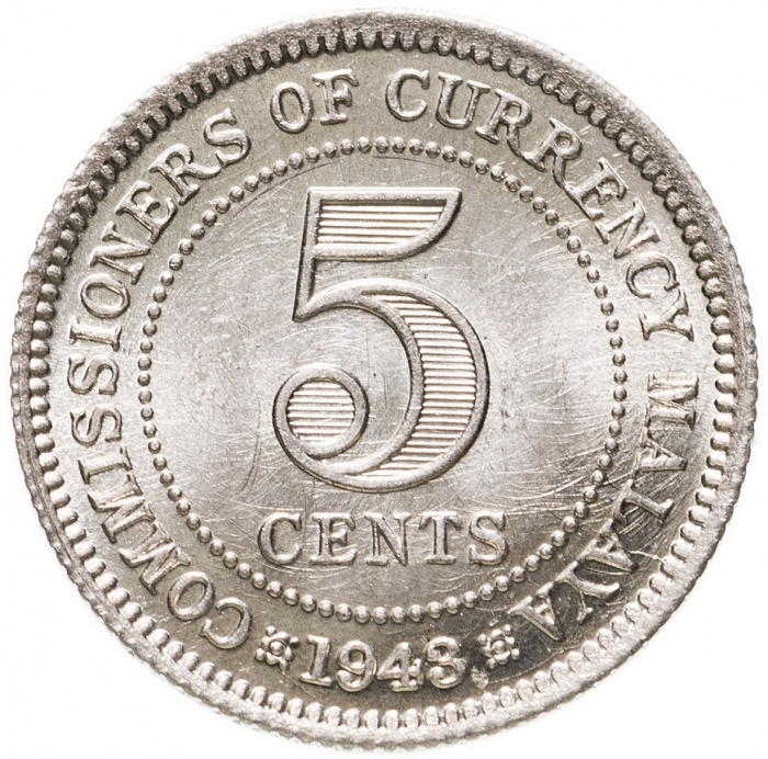 (1943) Монета Малайя 1943 год 5 центов &quot;Георг VI&quot;  Серебро Ag 750  UNC