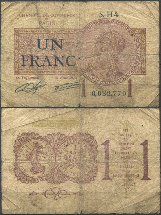 Банкнота Франция 1922 год 1 франк    F