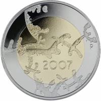 (004) Монета Финляндия 2007 год 5 евро "90 лет независимости" 1. Диаметр 35 мм. Биметалл  VF