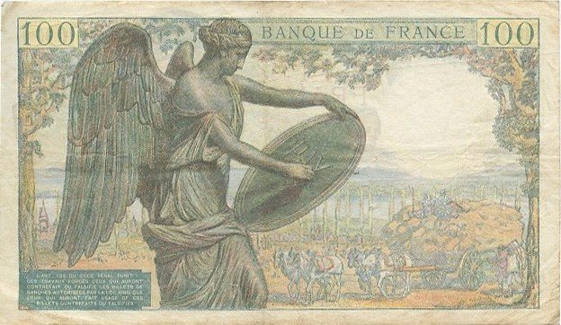 (№1943P-101b) Банкнота Франция 1943 год &quot;100 Francs&quot; (Подписи: Rousseau  Favre-Gilly)