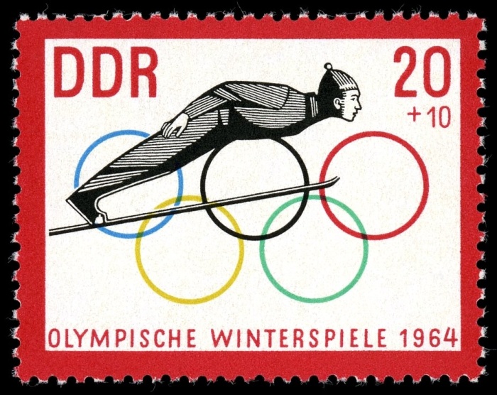 (1963-070) Марка Германия (ГДР) "Прыжки с трамплина (3)"    Зимние ОИ 1964, Инсбрук III &Theta;
