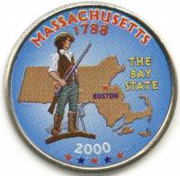 (006d) Монета США 2000 год 25 центов "Массачусетс"  Вариант №1 Медь-Никель  COLOR. Цветная