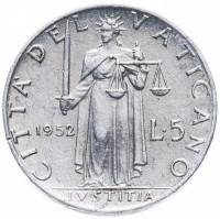 (1952) Монета Ватикан 1952 год 5 лир "Пий XII"  Алюминий  XF