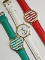 Часы наручные женские 3 шт Geneva Platinum белые зеленые красные золотой якорь полоски морская тема