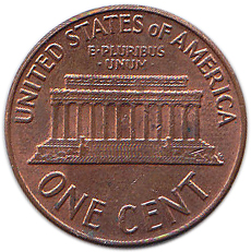 (1990d) Монета США 1990 год 1 цент   150-летие Авраама Линкольна, Мемориал Линкольна Латунь  VF