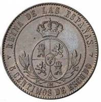 (№1866km635.4) Монета Испания 1866 год 5 Ceacute;ntimos (де Эскудо - 3 звезды)