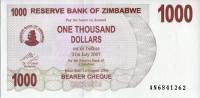 Банкнота Чек на предъявителя Зимбабве 2006-2007 год 1 000 долларов Горы   UNC