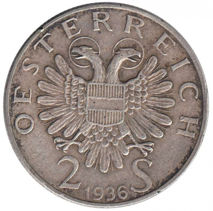 (,) Монета Австрия 1936 год 2 шиллинга   Серебро Ag 640  UNC