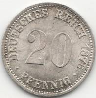 1876A Монета Германия (Империя) 1876 год 20 пфеннингов  Серебро Ag 900  UNC