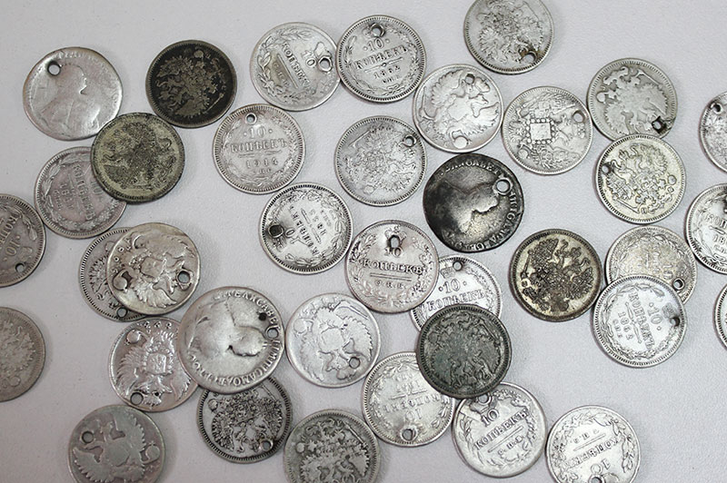 Набор монет Российской Империи 10 копеек, гривенники, 1751-1914гг, 37 штук (с дыркой)