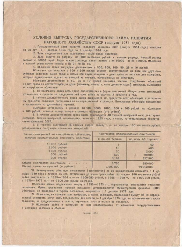 1954 Облигация СССР 1954 год 500 рублей Госзаём развития народного хозяйства   VF